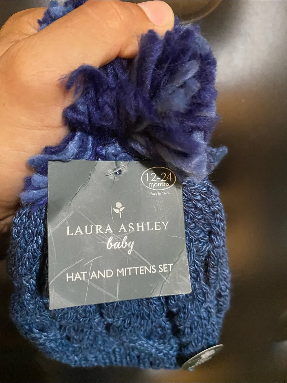 Laura Ashley Blue Cable Knit Pom Hat with Matching Mittens - Kids